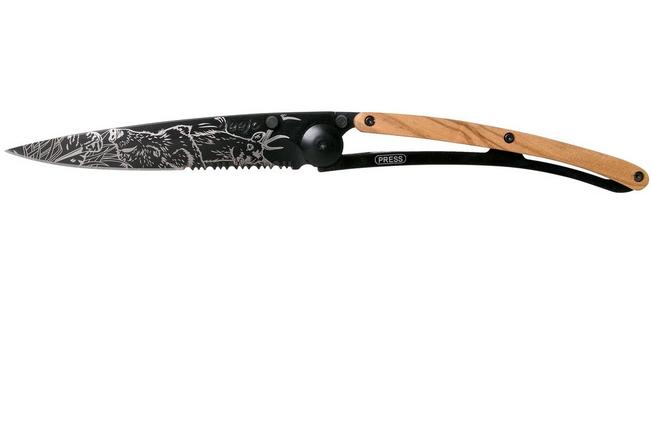 Imagen para Deejo Tattoo Black Serrated 37g, Olive, Hunting Scene, 1GB000512 navaja