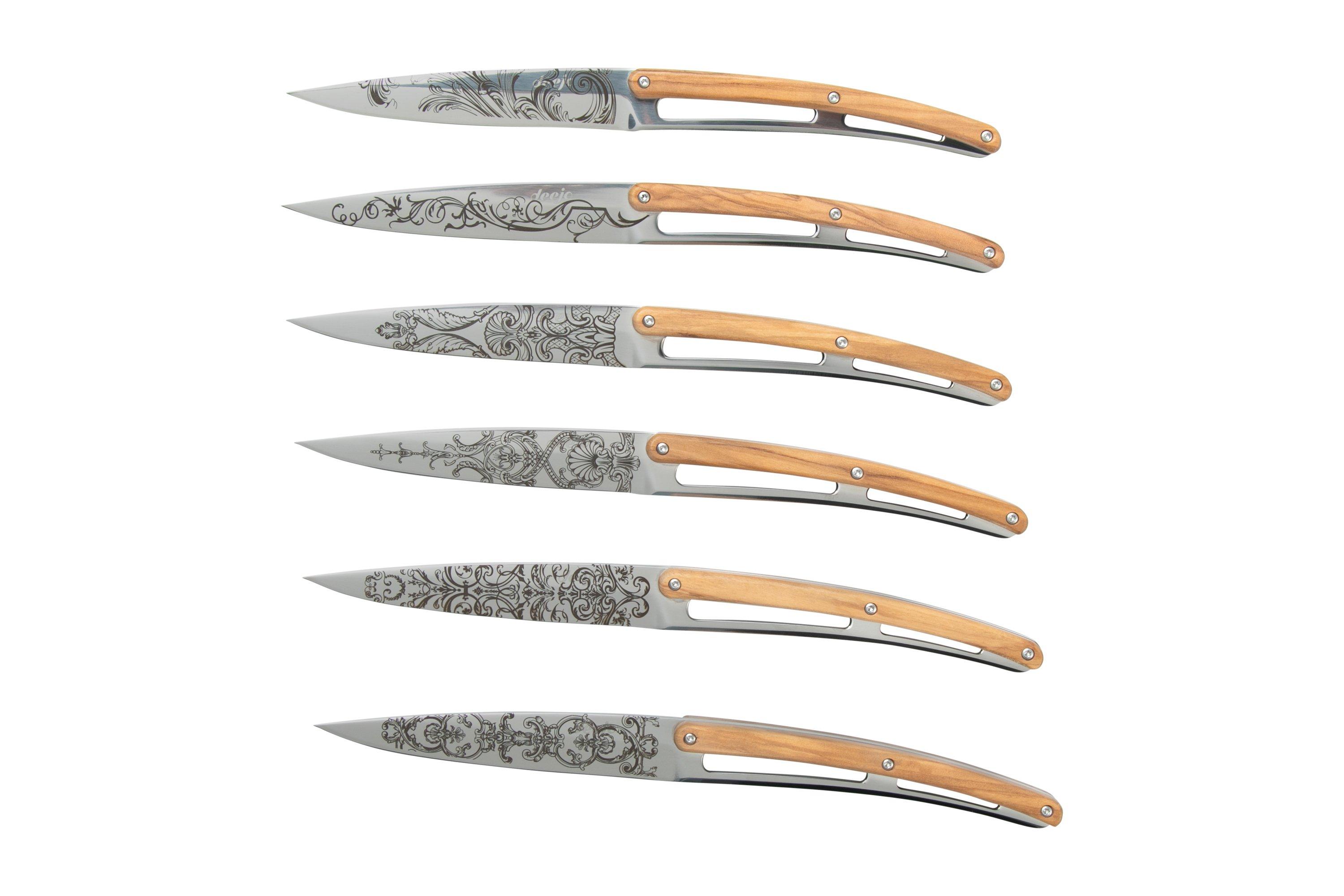 6 Deejo Steak Knives, Olive Wood / Grand siècle