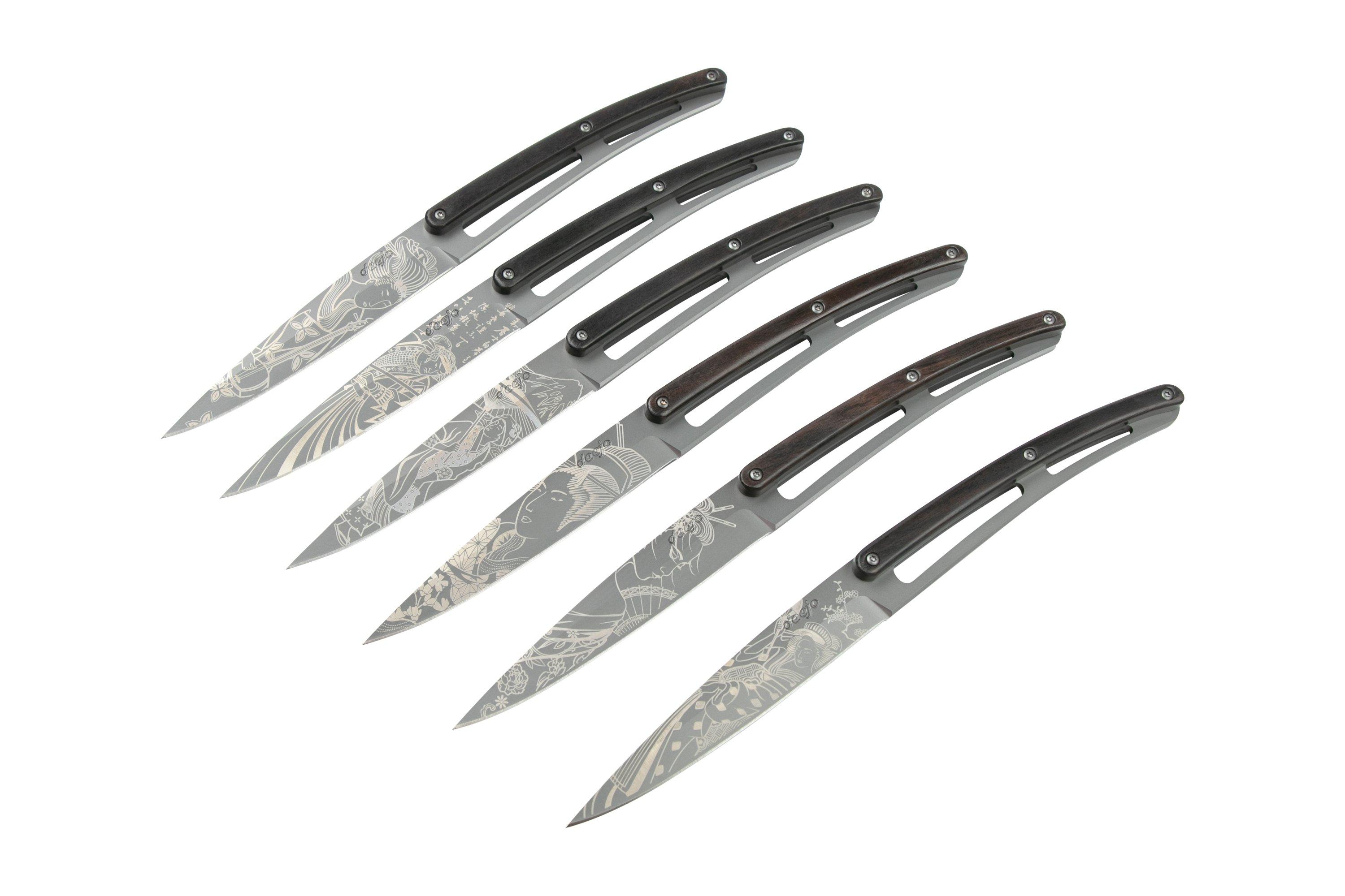 6 Deejo Steak Knives, Ebony Wood / Japanese