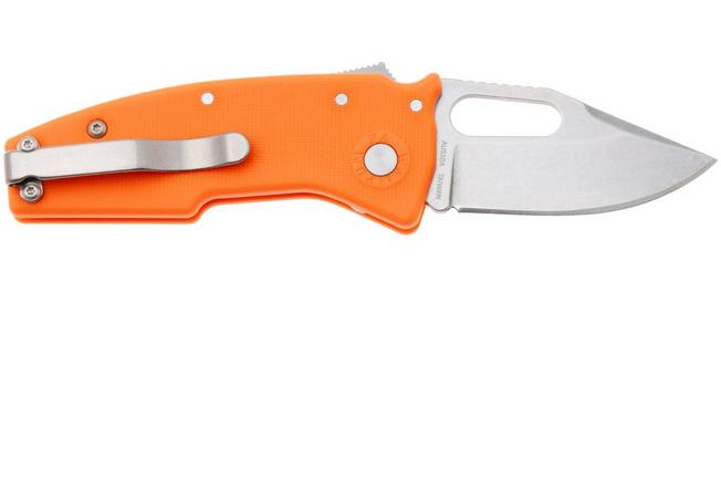 Afbeelding voor Demko Nano-Shark, NANO-10A-ORANGE GRN-CP, Stonewashed AUS-10A Clip Point, Orange GRN zakmes
