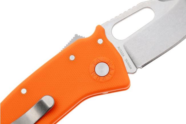Afbeelding voor Demko Nano-Shark, NANO-10A-ORANGE GRN-CP, Stonewashed AUS-10A Clip Point, Orange GRN zakmes