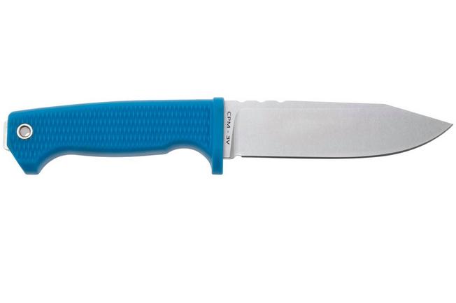 Afbeelding voor Demko Knives American Made FreeReign, Stonewashed CPM 3V Clip Point, USA-FR-3V-BLU-CLP, Blue Rubber outdoormes