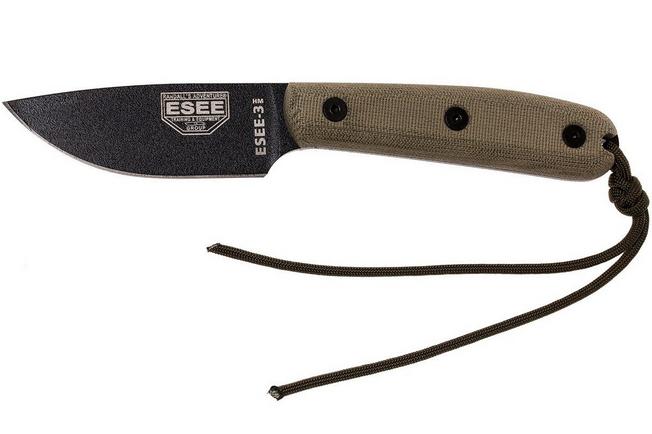 ESEE Knives ESEE-3 Modified Handle, Black Blade, Black Leather Sheath