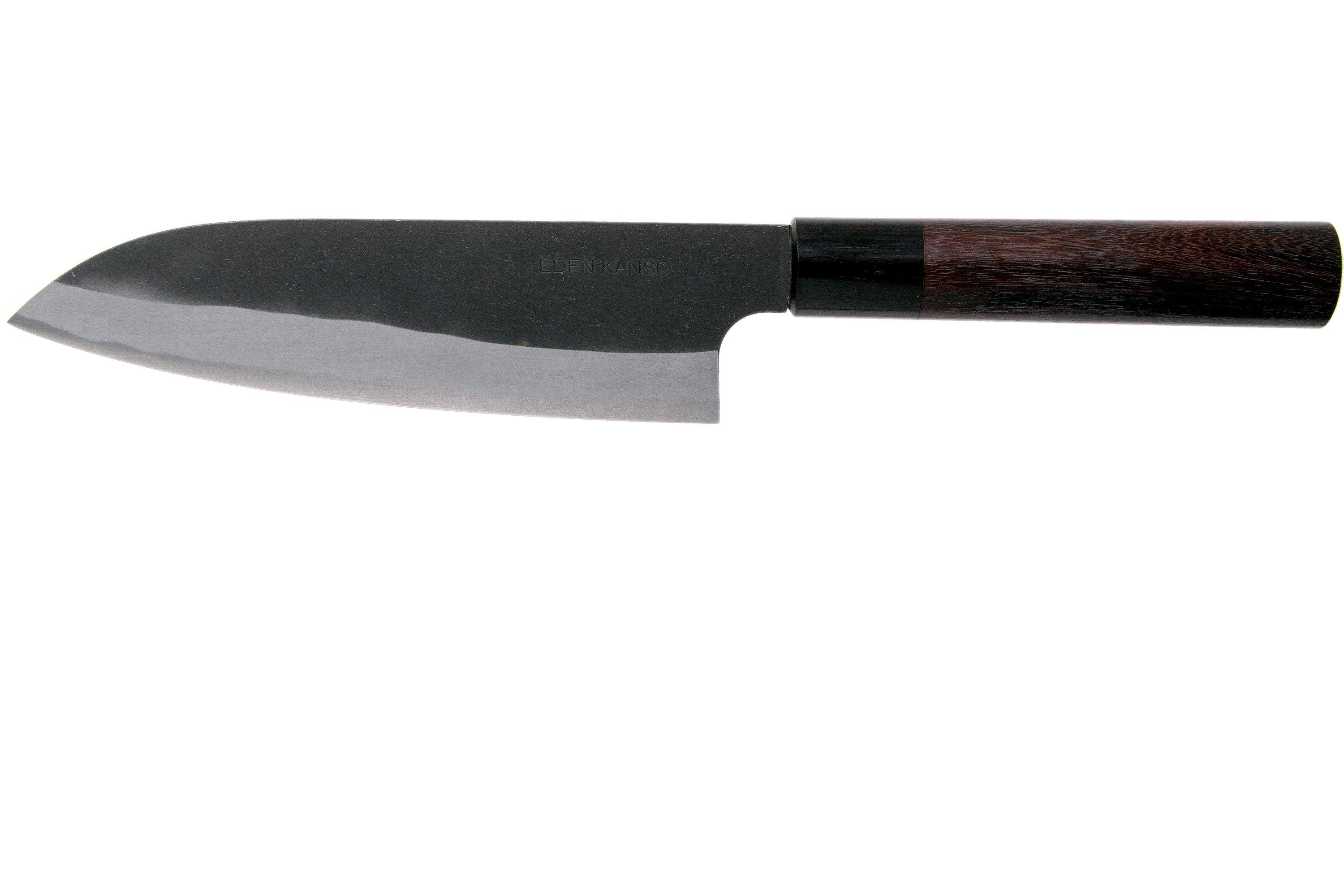 A Japanese santoku with a forged, unpolished blade finish and a red sandalwood handle.