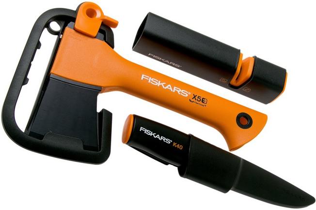 Fiskars X5 set para chimenea con hacha, cuchillo y afilador