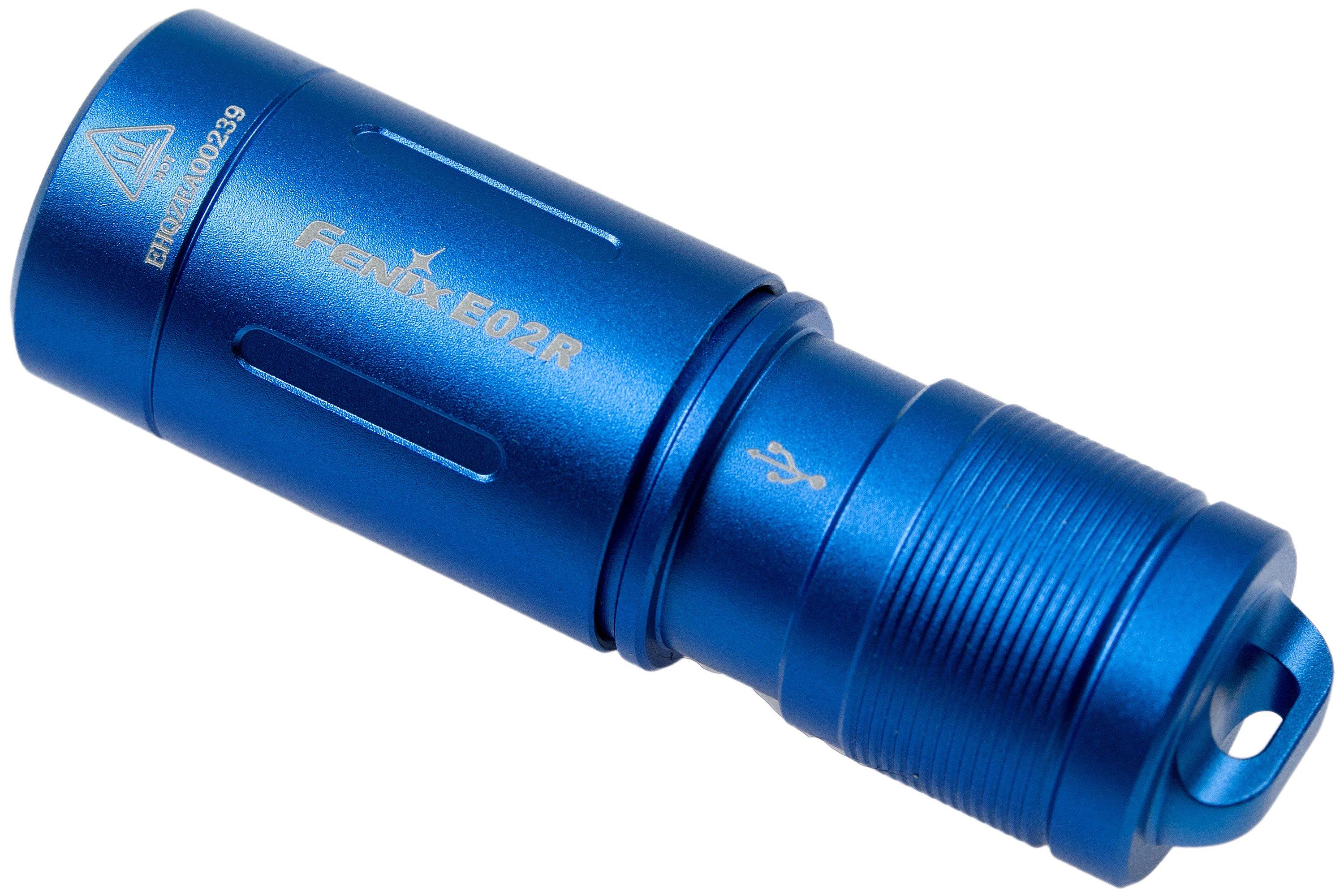 Fenix E02R rechargeable keychain flashlight, 200 lumens, blue