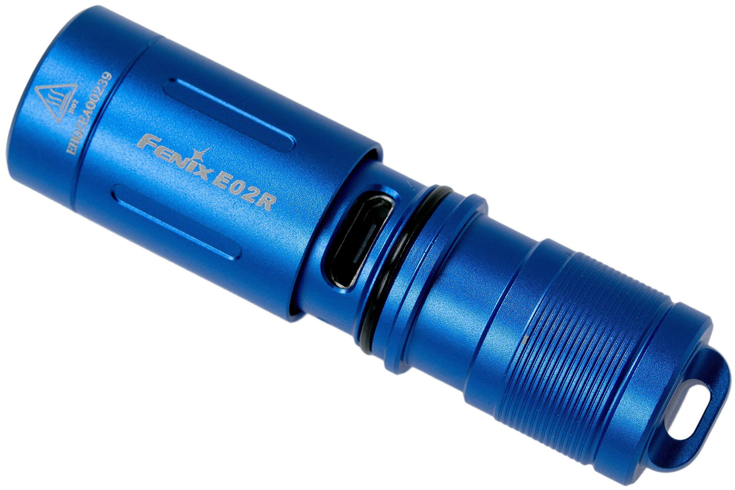 Fenix E02R rechargeable keychain flashlight, 200 lumens, blue .