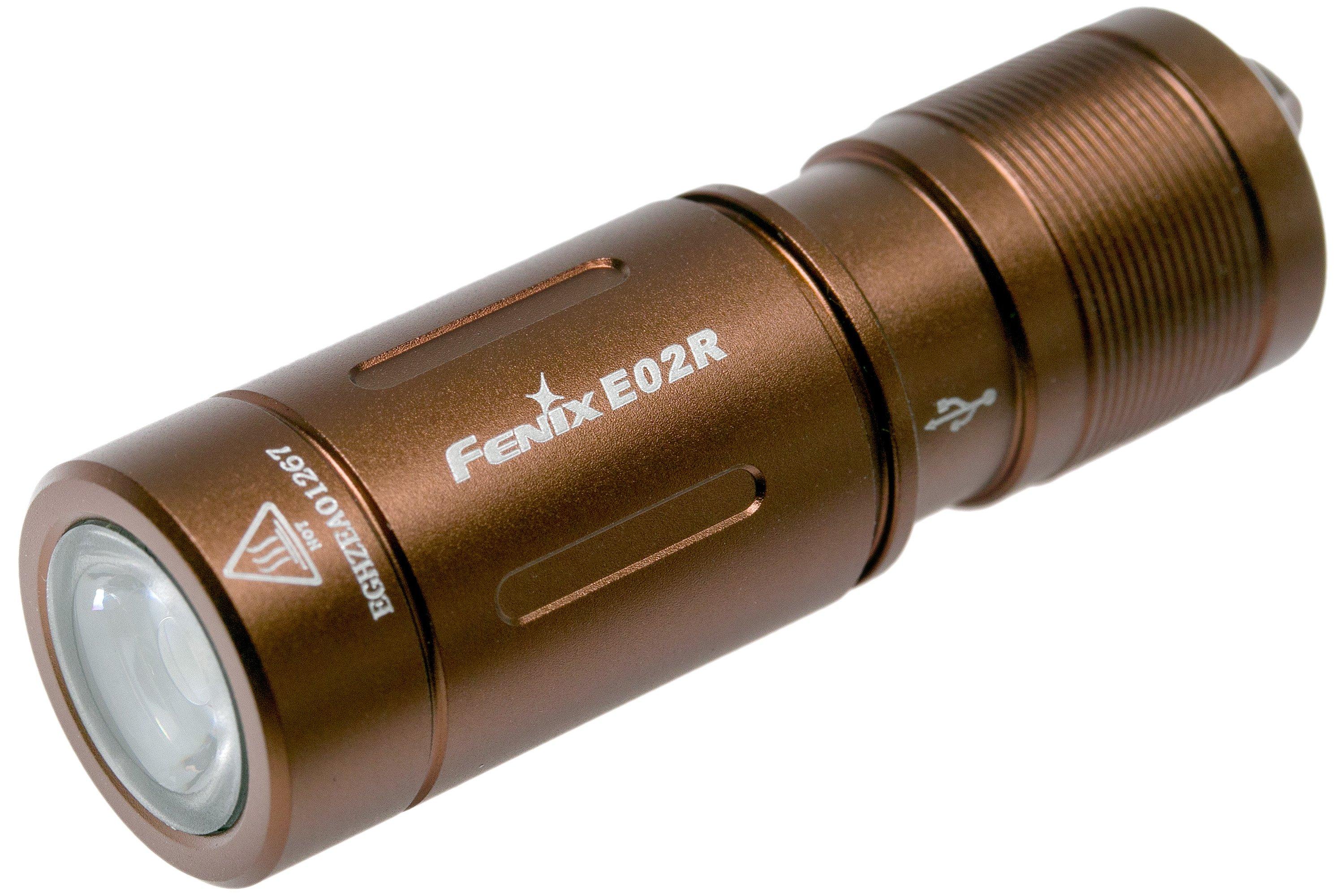 Fenix E02R rechargeable keychain flashlight, 200 lumens, brown .
