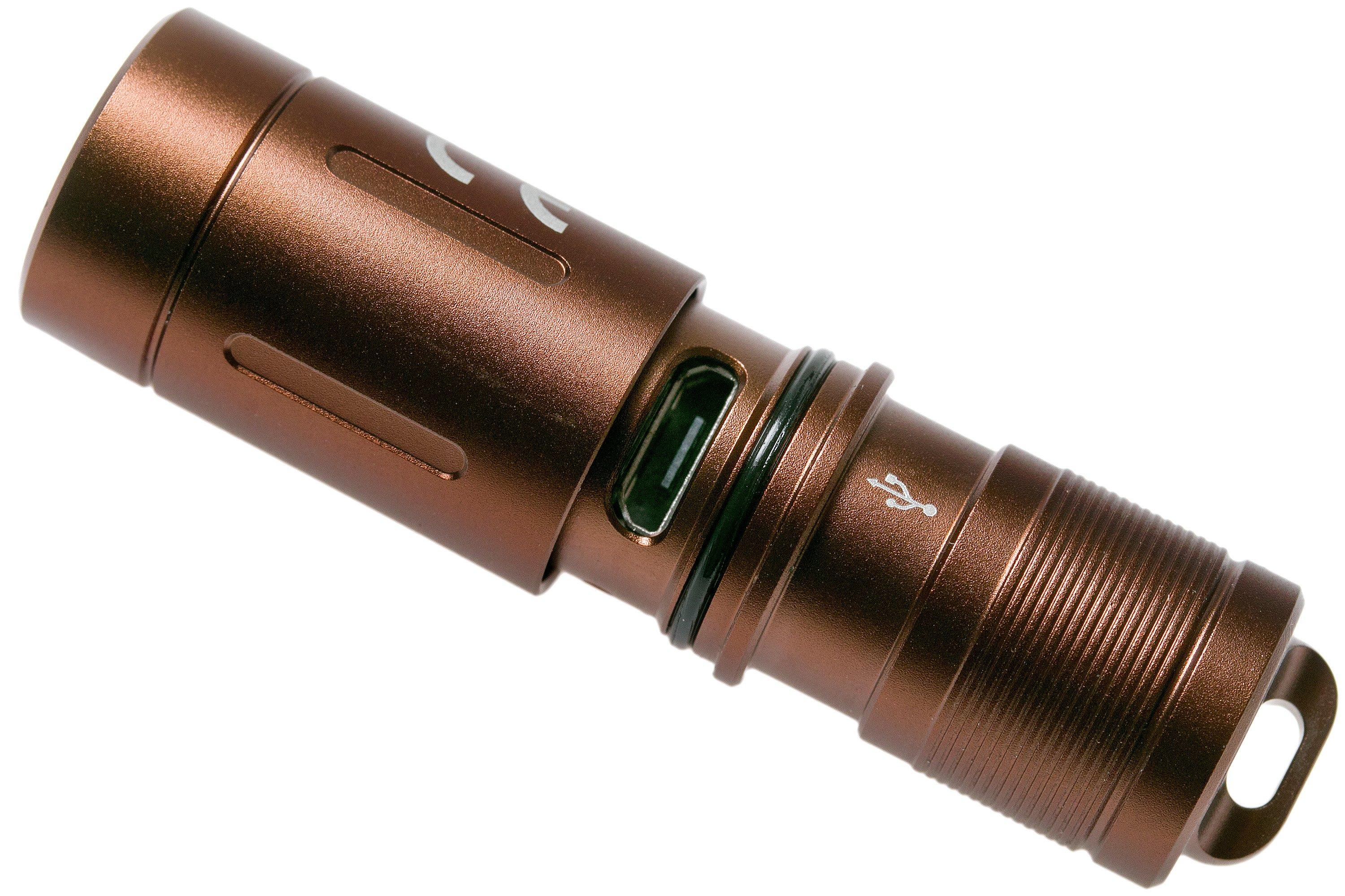 Fenix E02R rechargeable keychain flashlight, 200 lumens, brown .