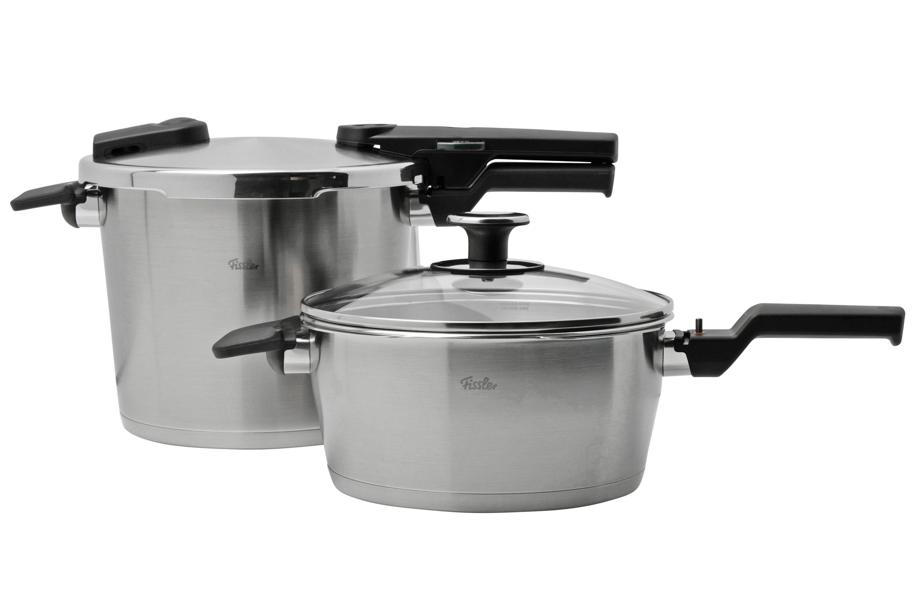 Fissler Vitaquick Premium Jeu D'Autocuiseurs, 2 Pièces (2 Autocuiseurs avec  Couvercle Métallique 3,5 L + 6 L, 1 Couvercle Supplémentaire en Verre),  Compatible Induction en destockage et reconditionné chez DealBurn