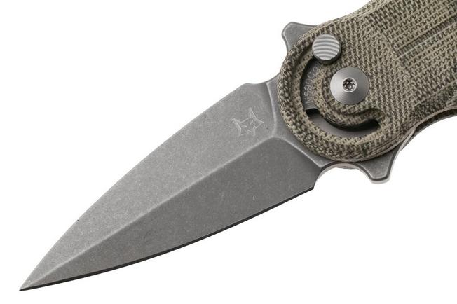Afbeelding voor Fox Knives Saturn FX-551-MOD Acid Stonewashed N690Co, OD Green Canvas Micarta zakmes, Denis Simonutti design