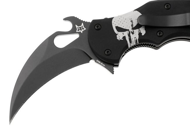 Afbeelding voor Fox FX-599 ALB-4 Skull, Black Idroglider Böhler N690Co, Engraved Aluminum, karambitmes