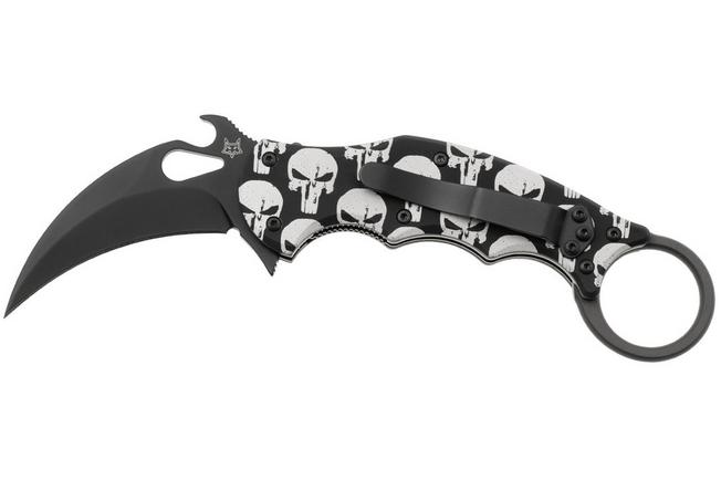Afbeelding voor Fox FX-599 ALB-5 Skull Pattern, Black Idroglider Böhler N690Co, Engraved Aluminum, karambitmes