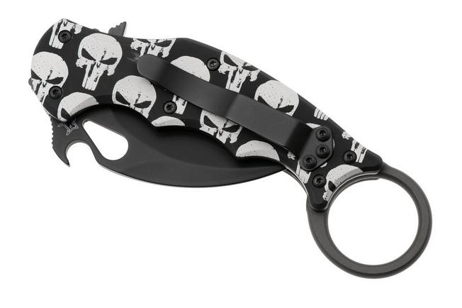 Afbeelding voor Fox FX-599 ALB-5 Skull Pattern, Black Idroglider Böhler N690Co, Engraved Aluminum, karambitmes