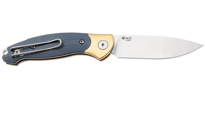 Afbeelding voor GiantMouse ACE Farley V2 BRASS-DUSTY-BLUE-G10 Satin Elmax, Brass Bolster, Dusty Blue G10, zakmes, Ansø en Voxnaes design