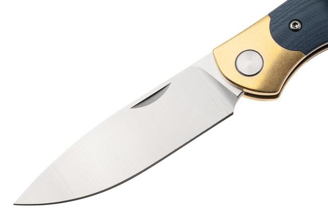Afbeelding voor GiantMouse ACE Farley V2 BRASS-DUSTY-BLUE-G10 Satin Elmax, Brass Bolster, Dusty Blue G10, zakmes, Ansø en Voxnaes design