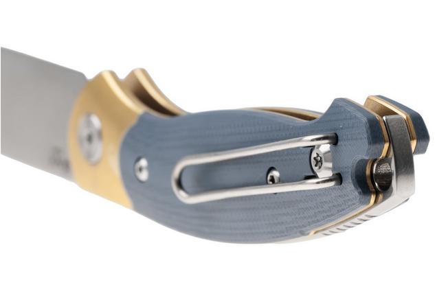 Afbeelding voor GiantMouse ACE Farley V2 BRASS-DUSTY-BLUE-G10 Satin Elmax, Brass Bolster, Dusty Blue G10, zakmes, Ansø en Voxnaes design