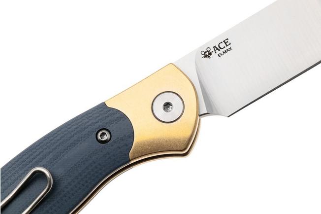 Afbeelding voor GiantMouse ACE Farley V2 BRASS-DUSTY-BLUE-G10 Satin Elmax, Brass Bolster, Dusty Blue G10, zakmes, Ansø en Voxnaes design