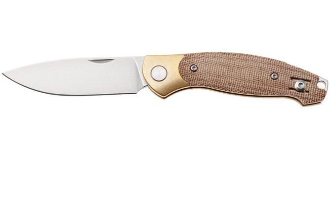 Afbeelding voor GiantMouse ACE Farley V2 BRASS-NATURAL-MICARTA Stonewashed Elmax, Brass Bolster, Natural Canvas Micarta, zakmes, Ansø en Voxnaes design