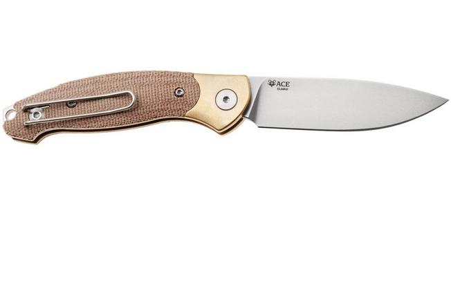 Afbeelding voor GiantMouse ACE Farley V2 BRASS-NATURAL-MICARTA Stonewashed Elmax, Brass Bolster, Natural Canvas Micarta, zakmes, Ansø en Voxnaes design