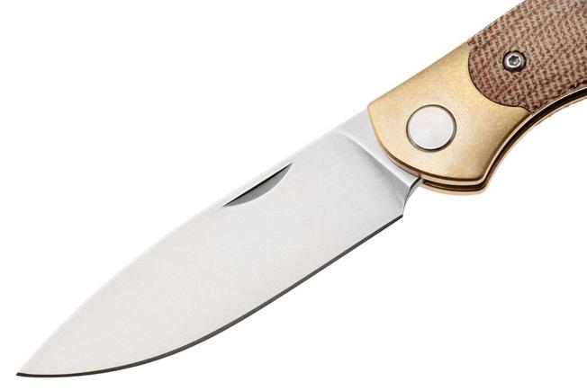 Afbeelding voor GiantMouse ACE Farley V2 BRASS-NATURAL-MICARTA Stonewashed Elmax, Brass Bolster, Natural Canvas Micarta, zakmes, Ansø en Voxnaes design