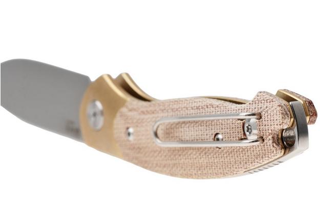 Afbeelding voor GiantMouse ACE Farley V2 BRASS-NATURAL-MICARTA Stonewashed Elmax, Brass Bolster, Natural Canvas Micarta, zakmes, Ansø en Voxnaes design