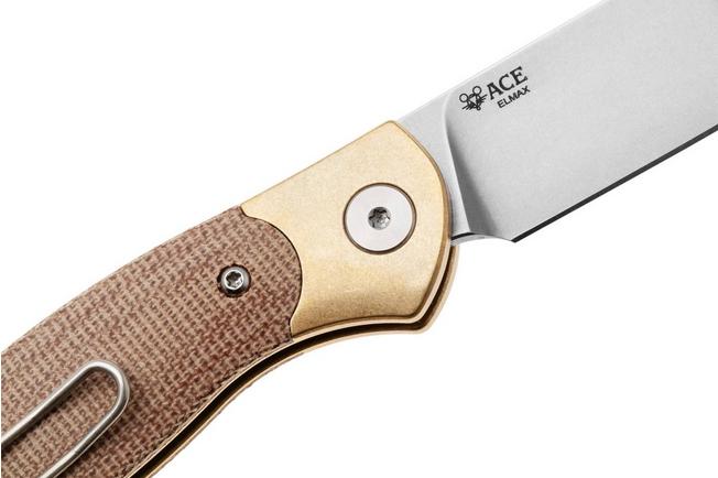 Afbeelding voor GiantMouse ACE Farley V2 BRASS-NATURAL-MICARTA Stonewashed Elmax, Brass Bolster, Natural Canvas Micarta, zakmes, Ansø en Voxnaes design