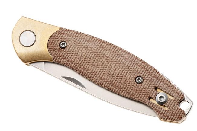 Afbeelding voor GiantMouse ACE Farley V2 BRASS-NATURAL-MICARTA Stonewashed Elmax, Brass Bolster, Natural Canvas Micarta, zakmes, Ansø en Voxnaes design