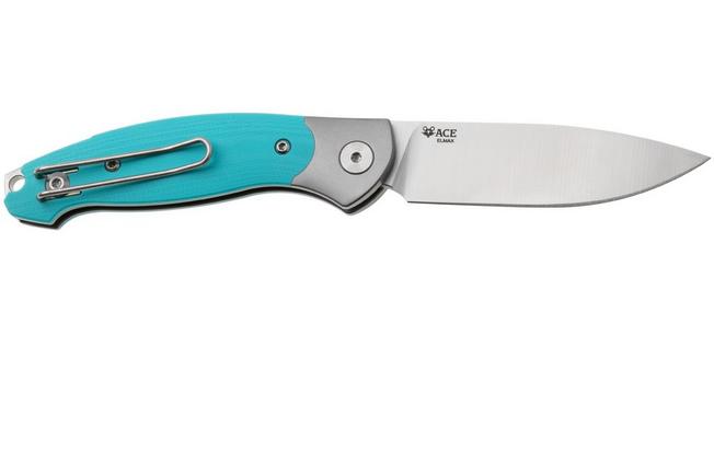 Afbeelding voor GiantMouse ACE Farley V2 TI-ROBIN-G10 Satin Elmax, Titanium Bolster, Robin's Egg Blue G10, zakmes, Ansø en Voxnaes design
