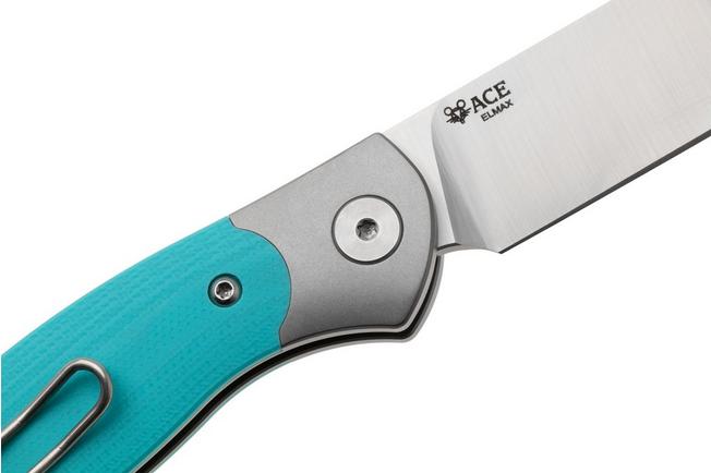 Afbeelding voor GiantMouse ACE Farley V2 TI-ROBIN-G10 Satin Elmax, Titanium Bolster, Robin's Egg Blue G10, zakmes, Ansø en Voxnaes design