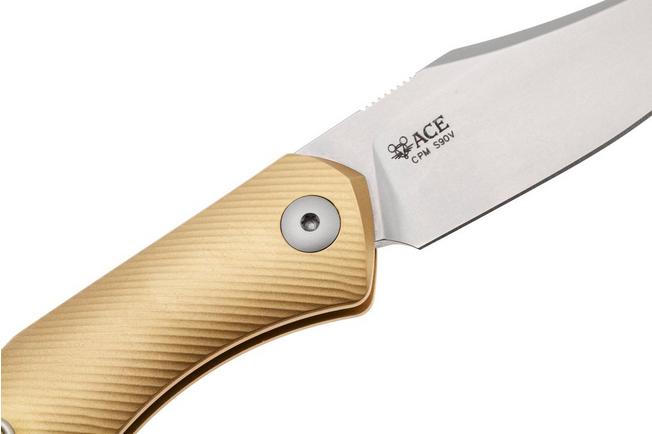Afbeelding voor GiantMouse ACE Jutland JUTLAND-SJ-BRASS, Stonewashed CPM S90V, Milled Brass zakmes, Ansø en Voxnaes design