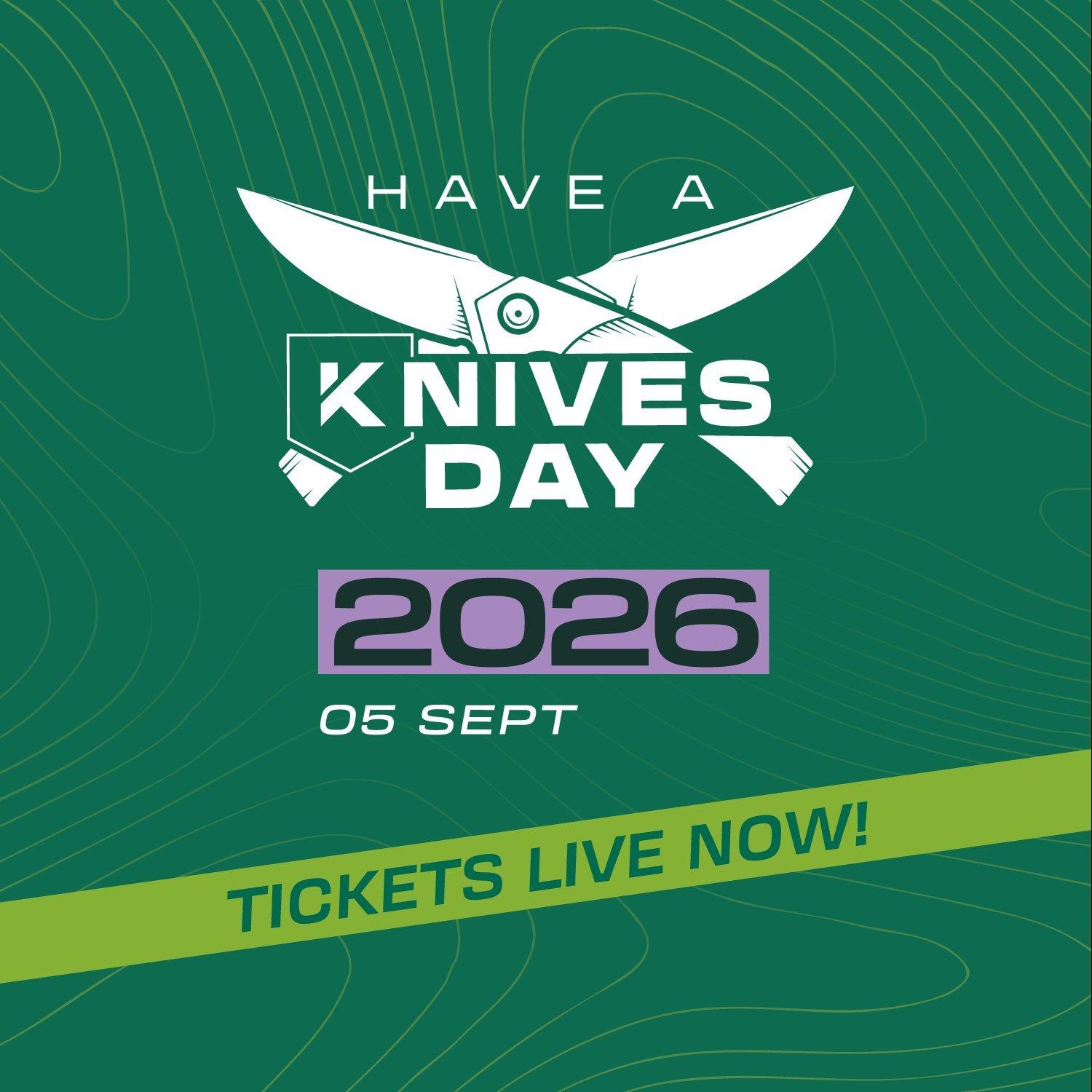 A graphic banner with a green background, two crossed knives and text reading: Have A Knives Day 2025