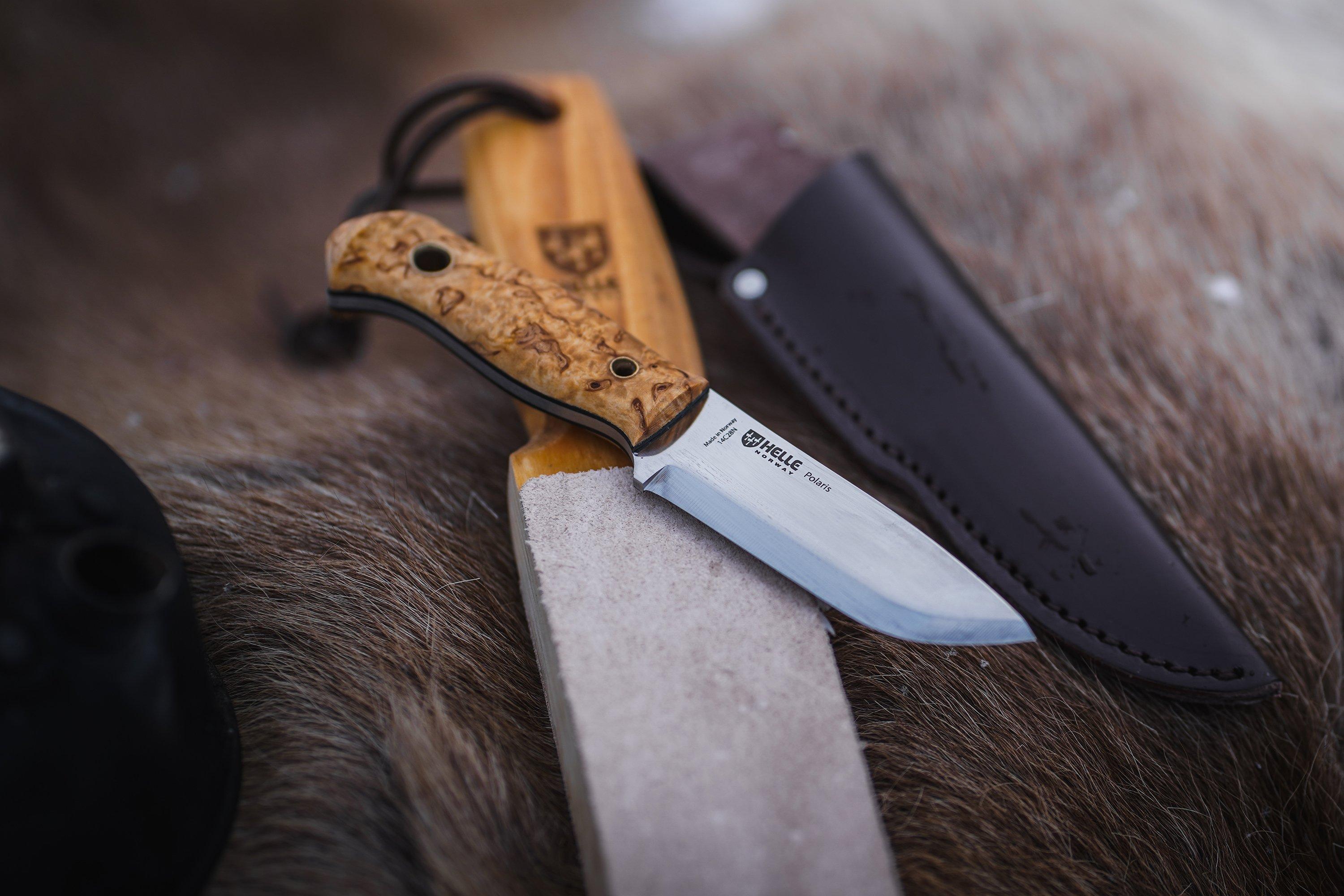 Helle Polaris 200675, Satin 14C28N, Curly Birch bushcraft knife