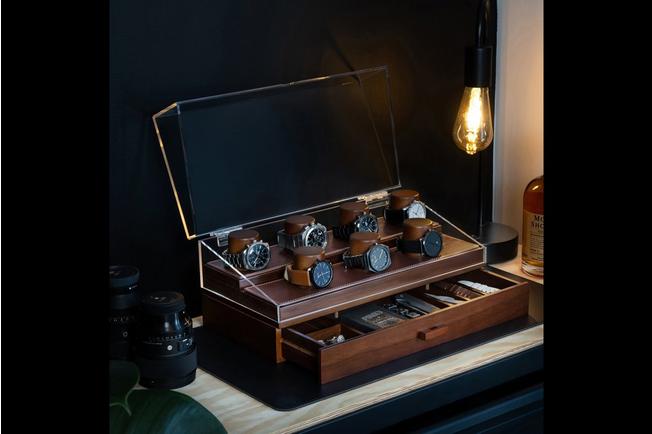 Afbeelding voor Holme & Hadfield Collector Pro Watch Display Case COLPRO-W walnoot, horloge display voor 5 stuks