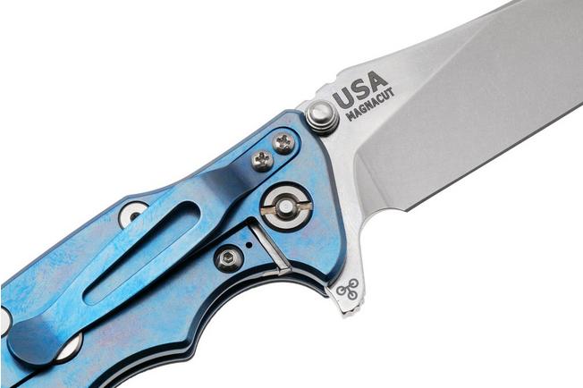 Afbeelding voor Rick Hinderer Eklipse 3.5" Skinny Slicer, Hollow Grind Stonewash Magnacut, Blue, Blue/Black G10, zakmes