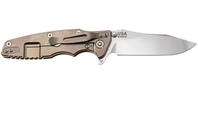 Afbeelding voor Rick Hinderer Eklipse 3.5" Skinny Slicer, Hollow Grind Stonewash Magnacut, Bronze, Translucent Green G10, zakmes