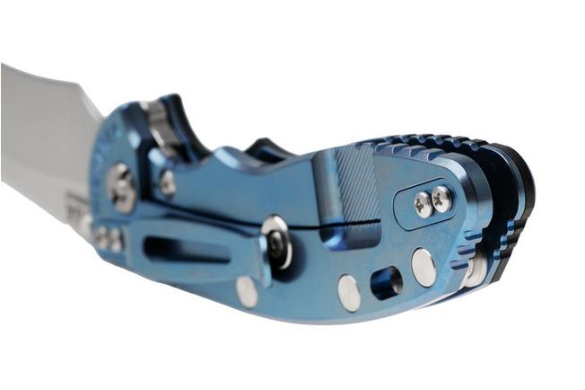 Bild für Rick Hinderer XM-18 3.5" Recurve NF KXM35NFRECSWBLBK, Stonewashed CPM MagnaCut, Stonewashed Blue Titanium, Black G10, Taschenmesser