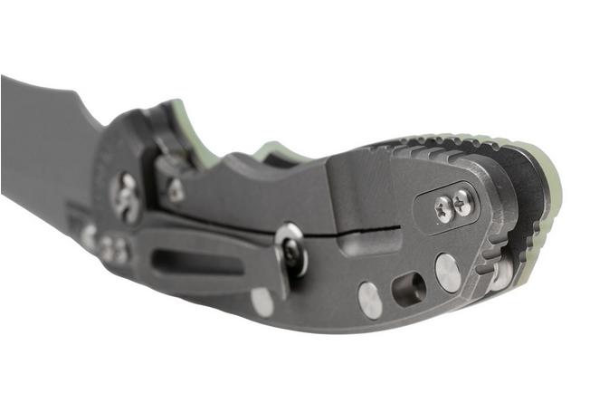 Bild für Rick Hinderer XM-18 3.5" Recurve NF KXM35NFRECWFTG, Dark Stonewashed CPM MagnaCut, Working Finish Titanium, Translucent Green G10, Taschenmesser
