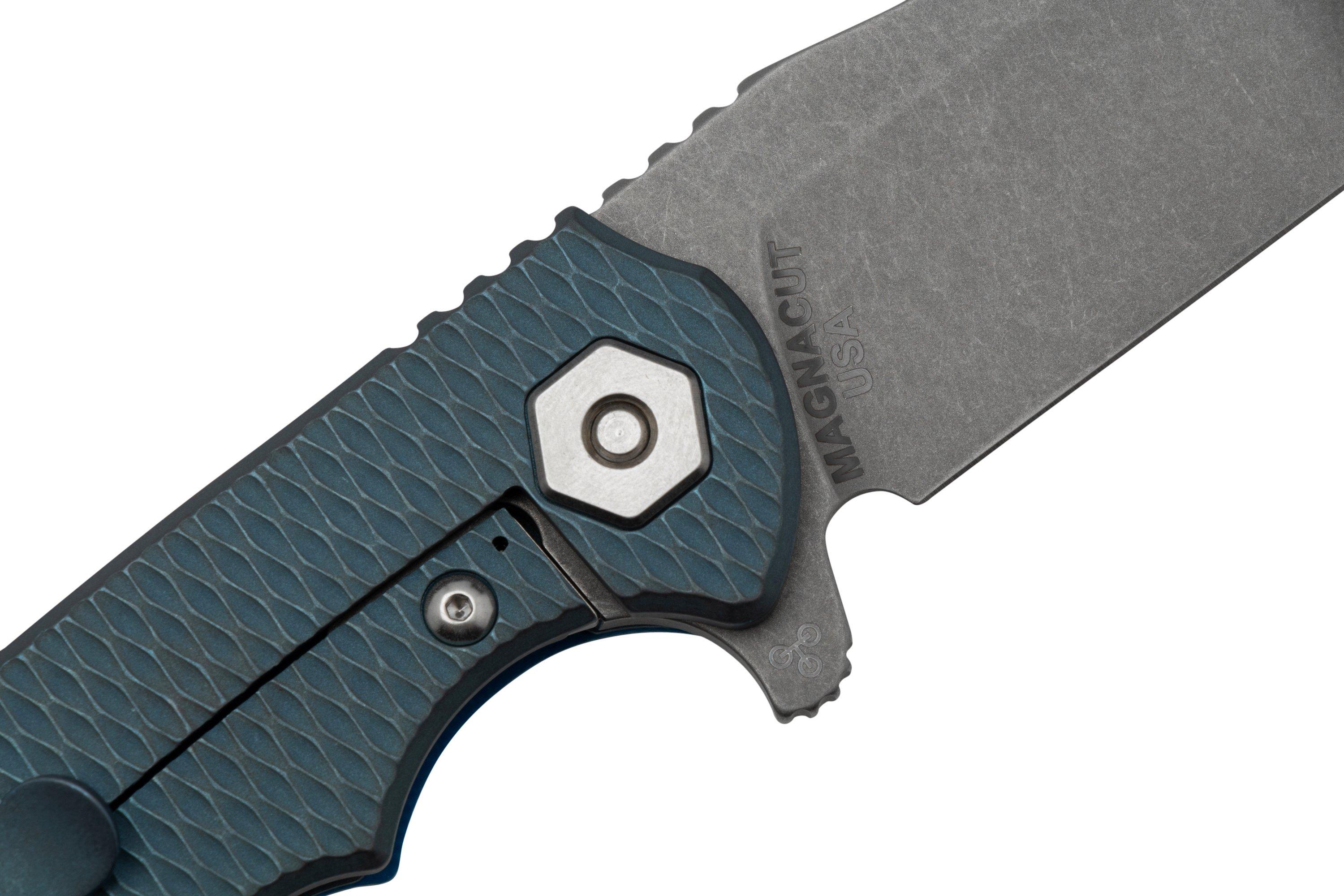 Rick Hinderer Project X, MagnaCut Clip point, Battle Blue, Blue G10