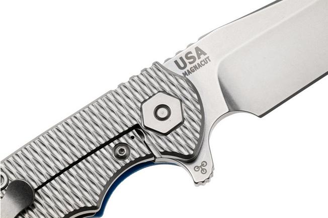 Afbeelding voor Rick Hinderer Project X PJX-MC-SF-SW-BL, Stonewashed CPM MagnaCut Sheepsfoot, Stonewashed Titanium, Blue G10, zakmes