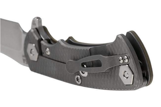 Afbeelding voor Rick Hinderer Project X PJX-MC-SF-WF-G, Stonewashed CPM MagnaCut Sheepsfoot, Working Finish Titanium, OD Green G10, zakmes