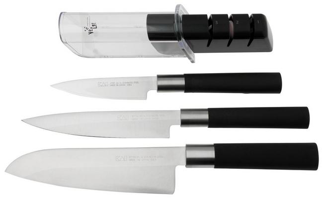 Kai Wasabi Knife Set 3 piece with santoku + Sharpener