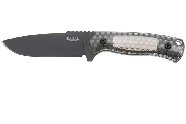 Afbeelding voor KA-BAR Cool Name 7700, Black 1095 Cro-Van Drop Point, Transparent Honeycomb Smoke Polycarbonate, vaststaand mes, Les George design