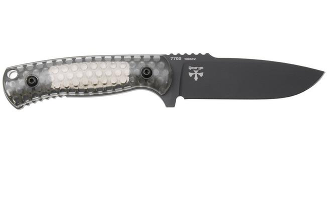 Afbeelding voor KA-BAR Cool Name 7700, Black 1095 Cro-Van Drop Point, Transparent Honeycomb Smoke Polycarbonate, vaststaand mes, Les George design