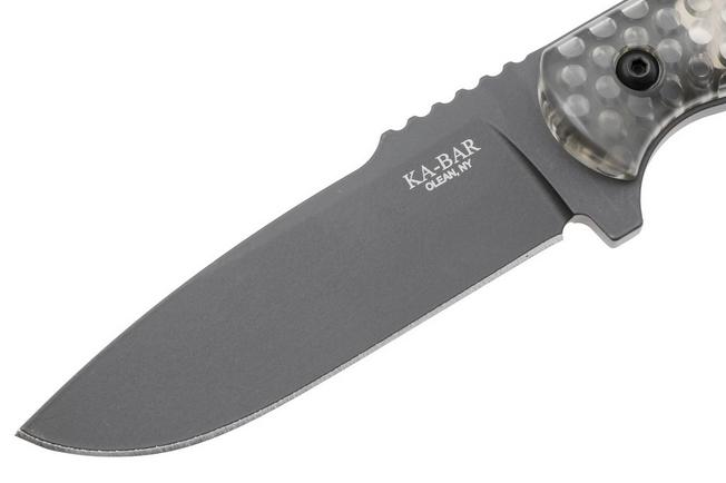 Afbeelding voor KA-BAR Cool Name 7700, Black 1095 Cro-Van Drop Point, Transparent Honeycomb Smoke Polycarbonate, vaststaand mes, Les George design