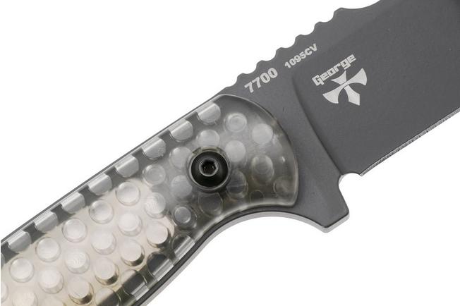 Afbeelding voor KA-BAR Cool Name 7700, Black 1095 Cro-Van Drop Point, Transparent Honeycomb Smoke Polycarbonate, vaststaand mes, Les George design