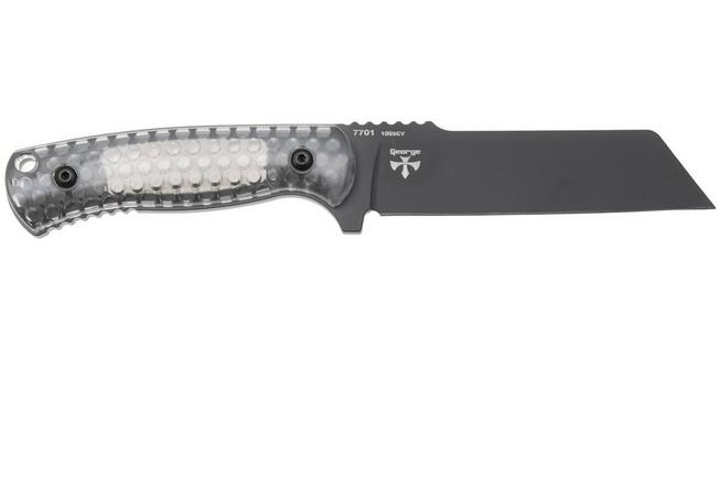 Afbeelding voor KA-BAR Cool Name 7701, Black 1095 Cro-Van Sheepsfoot, Transparent Honeycomb Smoke Polycarbonate, vaststaand mes, Les George design