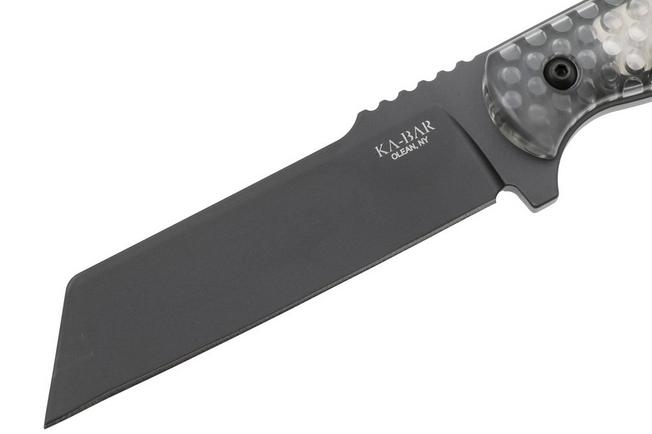 Afbeelding voor KA-BAR Cool Name 7701, Black 1095 Cro-Van Sheepsfoot, Transparent Honeycomb Smoke Polycarbonate, vaststaand mes, Les George design