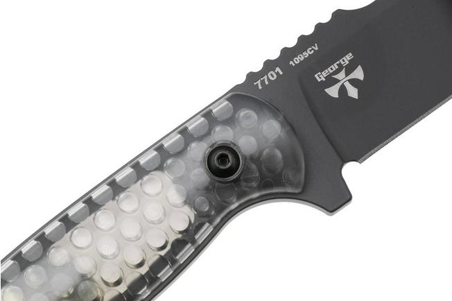 Afbeelding voor KA-BAR Cool Name 7701, Black 1095 Cro-Van Sheepsfoot, Transparent Honeycomb Smoke Polycarbonate, vaststaand mes, Les George design