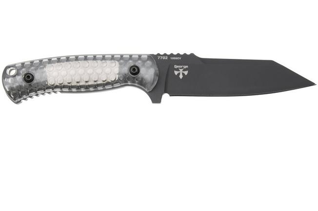 Afbeelding voor KA-BAR Cool Name 7702, Black 1095 Cro-Van Reverse Tanto, Transparent Honeycomb Smoke Polycarbonate, vaststaand mes, Les George design